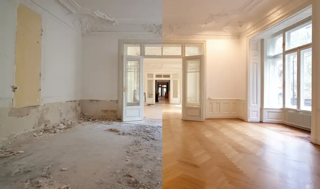 Eén kamer verdeeld in twee delen, de eerste helft voor de renovatie, de tweede na de renovatie, woonkamer.