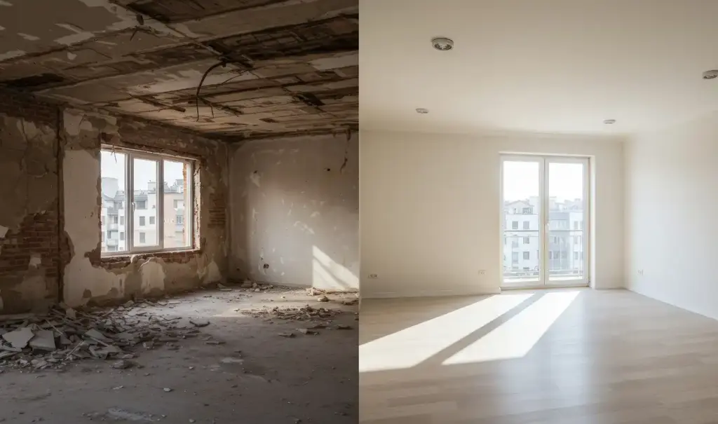 Eén kamer verdeeld in twee delen, het eerste deel voor de renovatie, het tweede na de renovatie, slaapkamer.