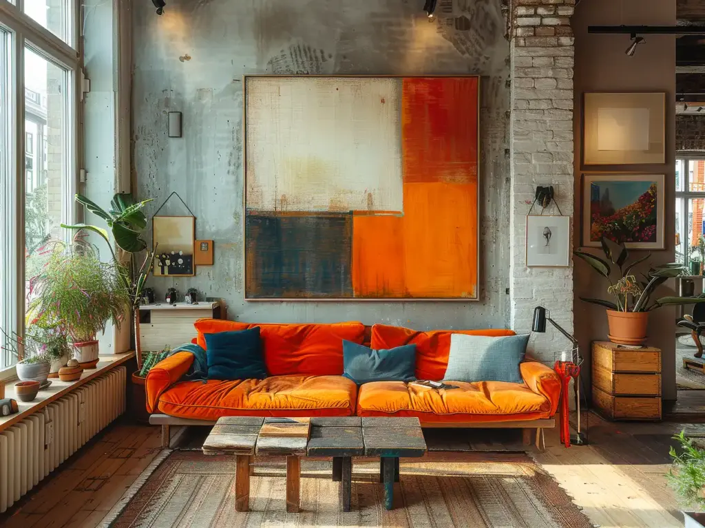 Heldere loft-stijl woonkamer, met een oranje bank en een kleurrijk schilderij.