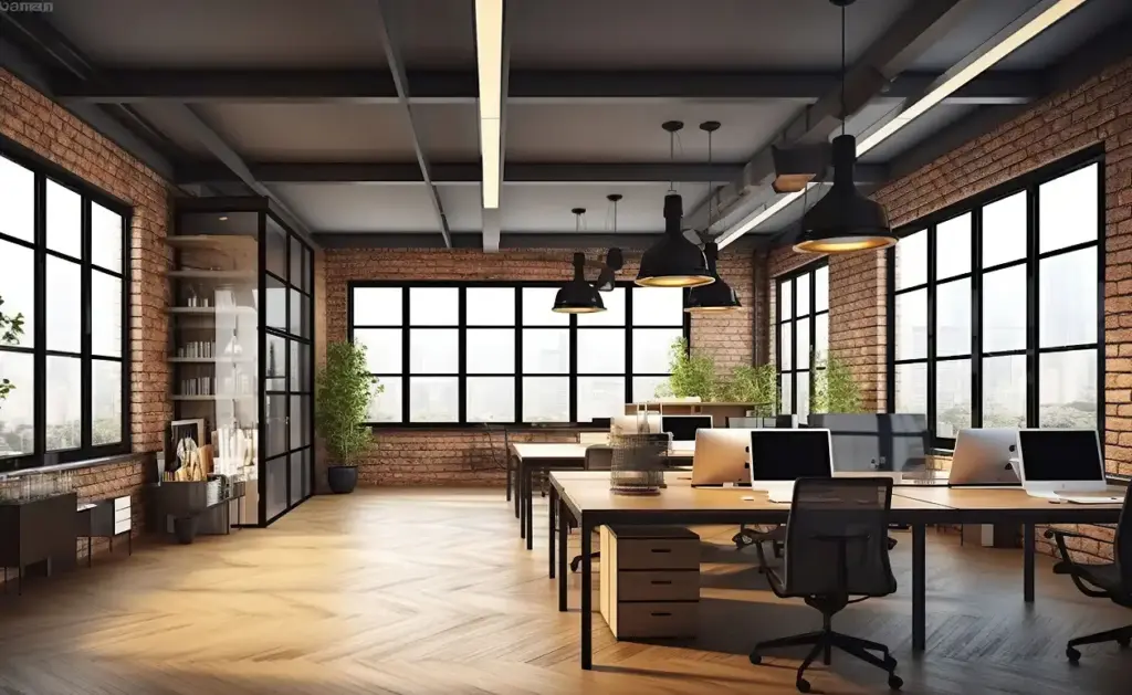 Co-working in loftstijl met grote ramen en bakstenen muren. Grote werktafels van hout.
