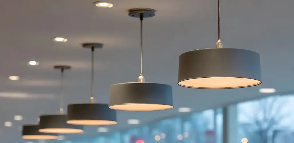 Plafond waarop metalen hanglampen in een rij zijn geplaatst.