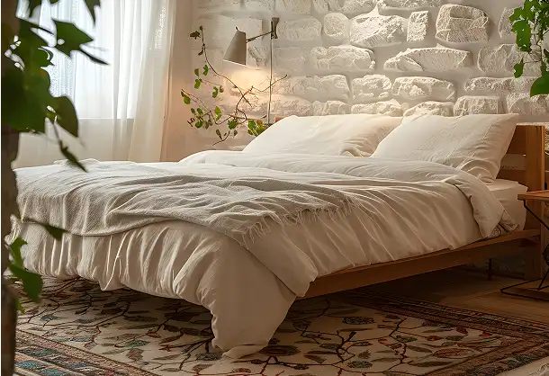 Groot wit bed met een fluffy deken staat tegen een witte bakstenen muur, naast veel planten en een tapijt bij het bed.