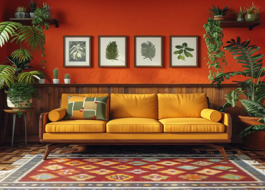 Heldere woonkamer met een oranje muur, vol met levendige planten en een tweezitsbank in het midden.