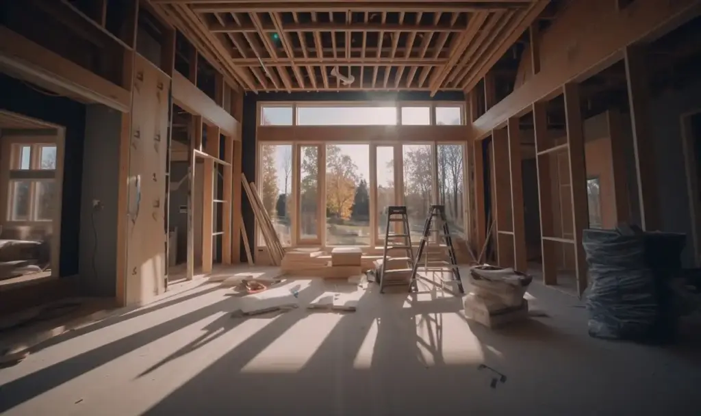 Grote kamer met onafgebouwde renovatie, in de kamer bevinden zich gereedschappen.