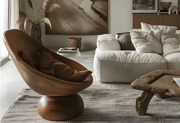 Stijlvolle ronde houten stoel staat in het midden van een lichte woonkamer met een tapijt.