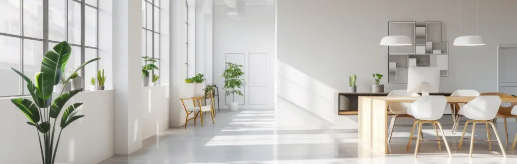Ruime co-working in witte kleur met groene bloemen op de vloer.