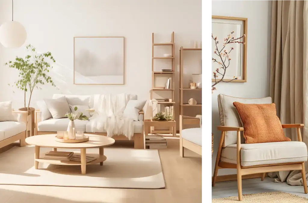 Stille hoek in de woonkamer met een lichte houten fauteuil, een schilderij aan de muur en bruine, dikke gordijnen.